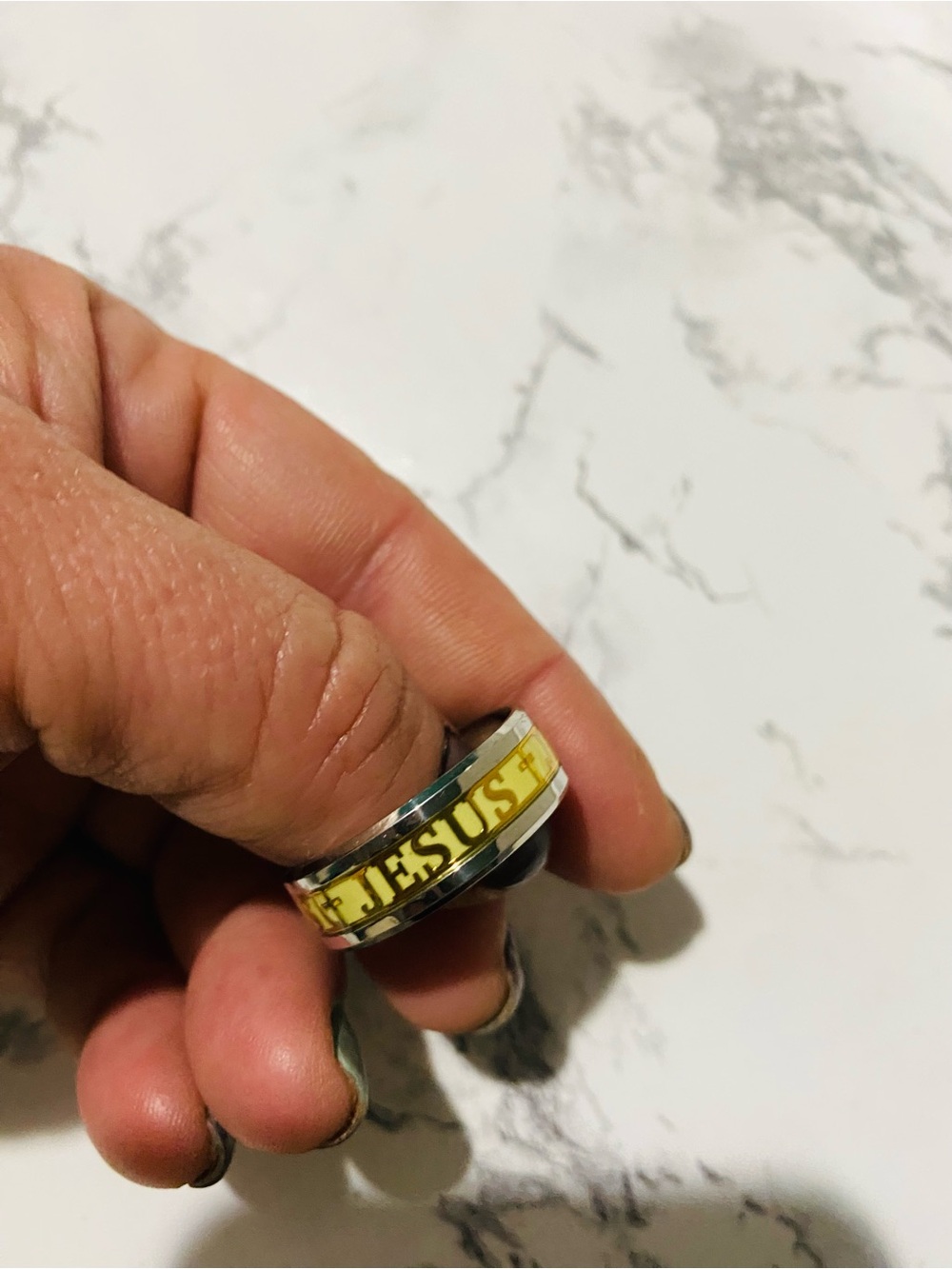 Yellow 'JESUS' Stainless Steel Men's Spinner Ring NWOT